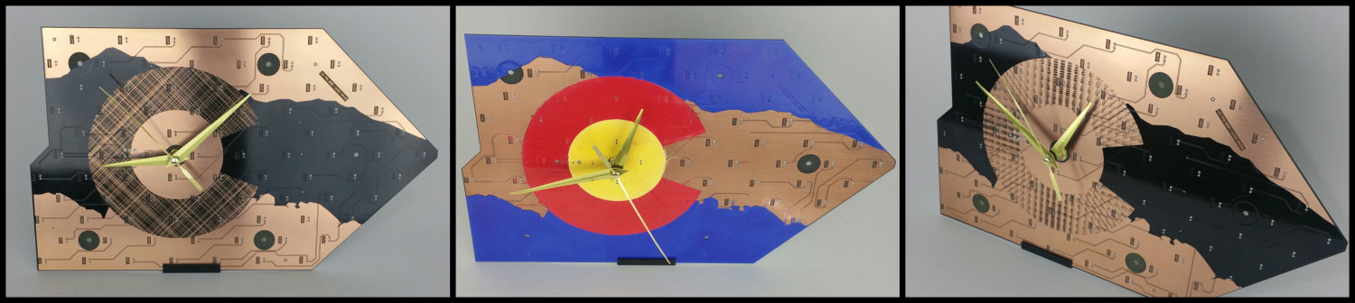 3 Different Designs of Colorado Flag Clocks Laser Engraved on Recycled Circuit Board